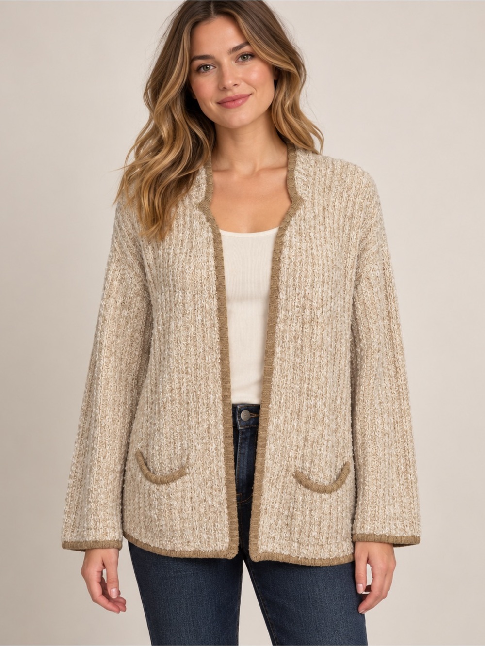 80’s vintage boucle knit cardigan jacket cream tan trim Chanel style academia